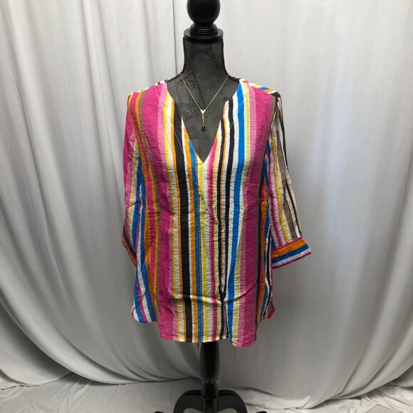 Passports Colorful Striped Tunic Womens Sz Medium 8-10 Lightweight Sheer V-Neck - Picture 1 of 8